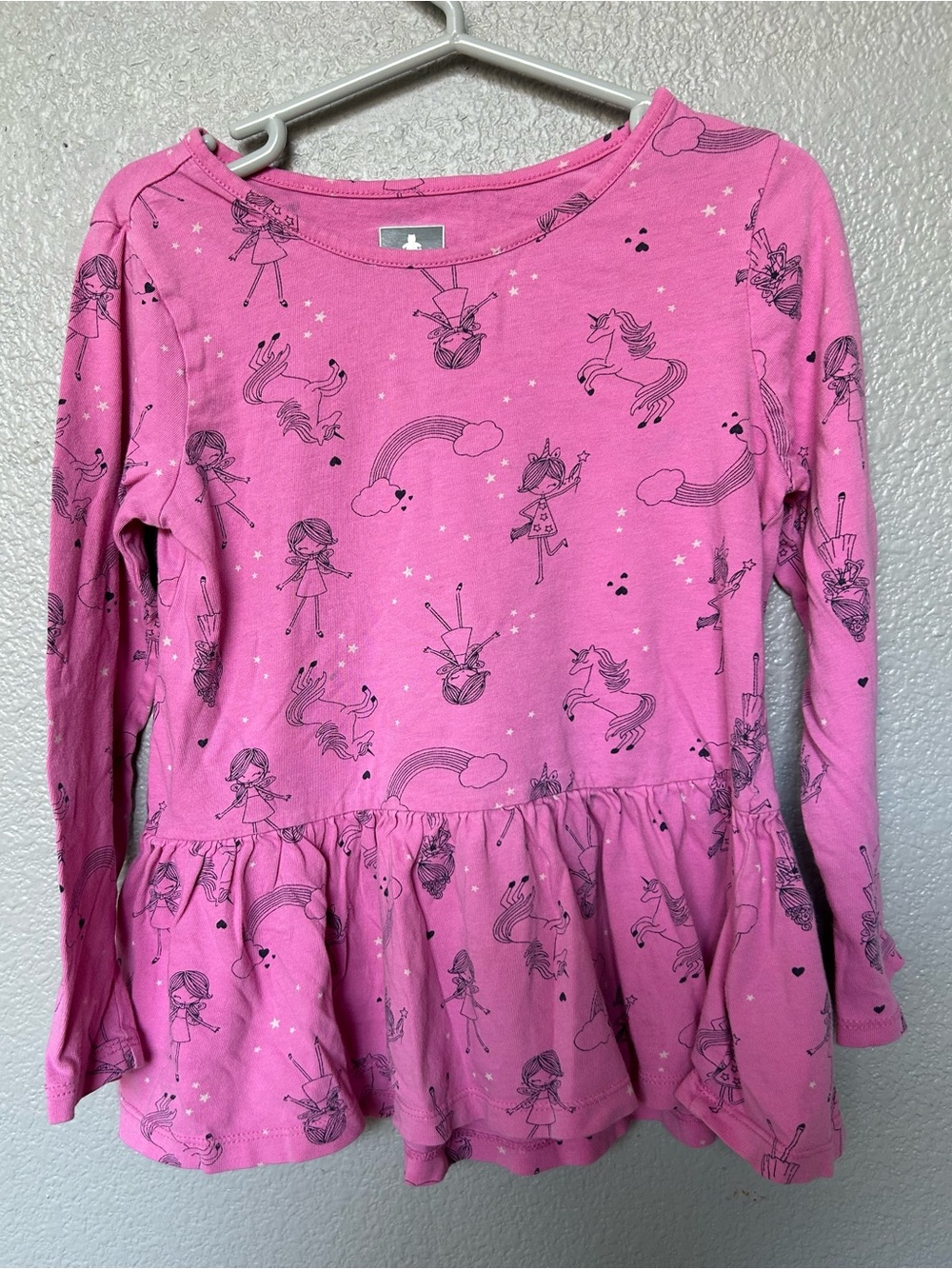 GAP Girls' Bright Pink Unicorn & Rainbow Peplum Long Sleeve Top